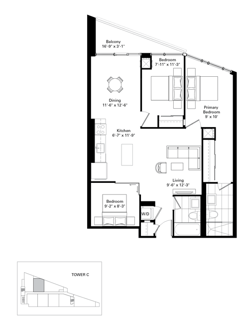 Floor plan for 3 beds, 2 baths, 940 sqft